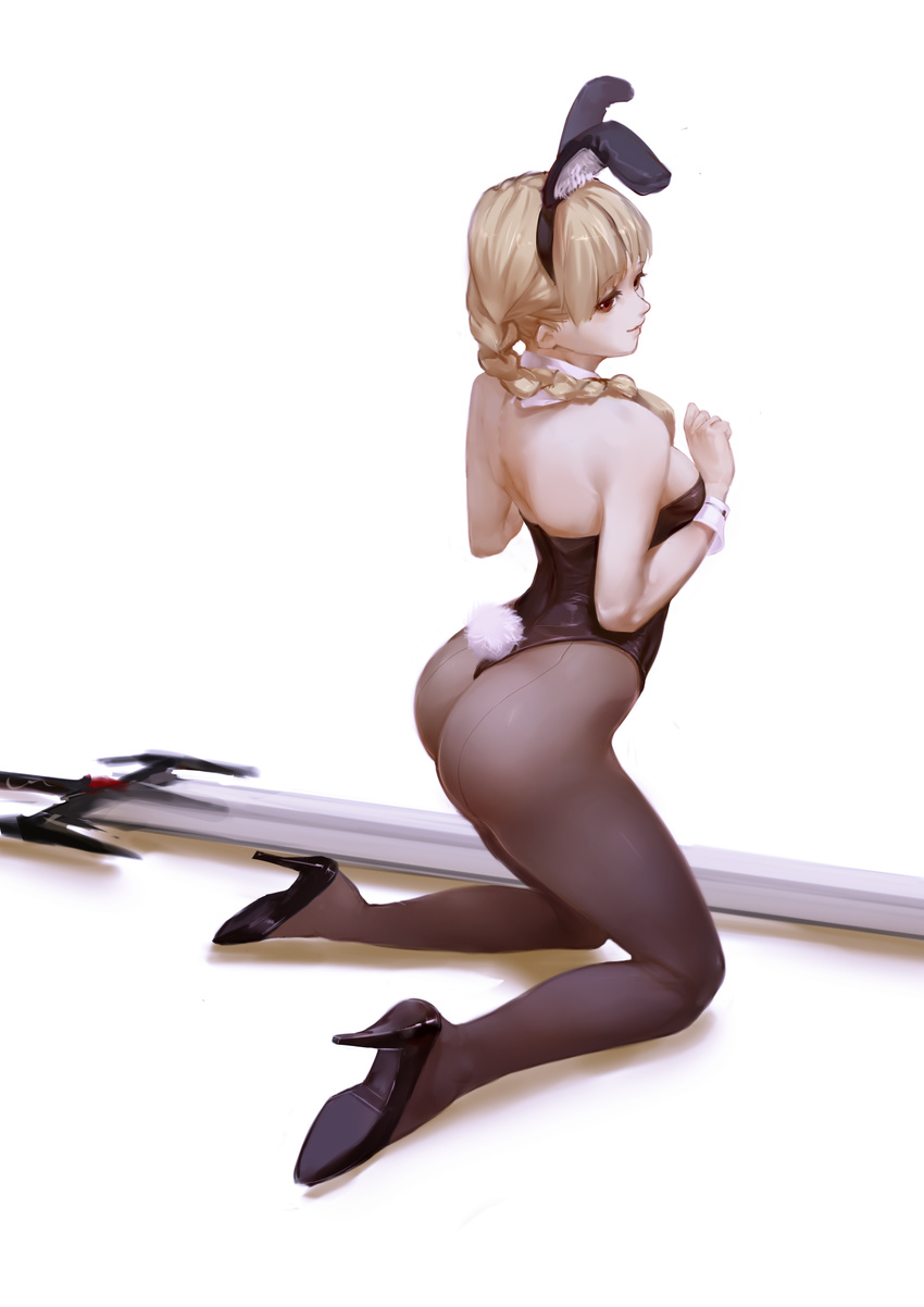 animal_ears ass bare_shoulders black_footwear black_leotard black_pantyhose blonde_hair braid breasts closed_mouth commentary delia_(mabinogi) detached_collar eyebrows fake_animal_ears female from_above from_side full_body hairband high_heels highleg highleg_leotard highres kneeling leaning_forward leotard long_hair looking_back mabinogi mabinogi_heroes medium_breasts pantyhose playboy_bunny rabbit_ears rabbit_tail red_eyes shadow shoes shou_xian_wu sideboob simple_background single_braid smile solo strapless strapless_leotard sword tail thong_leotard weapon wrist_cuffs