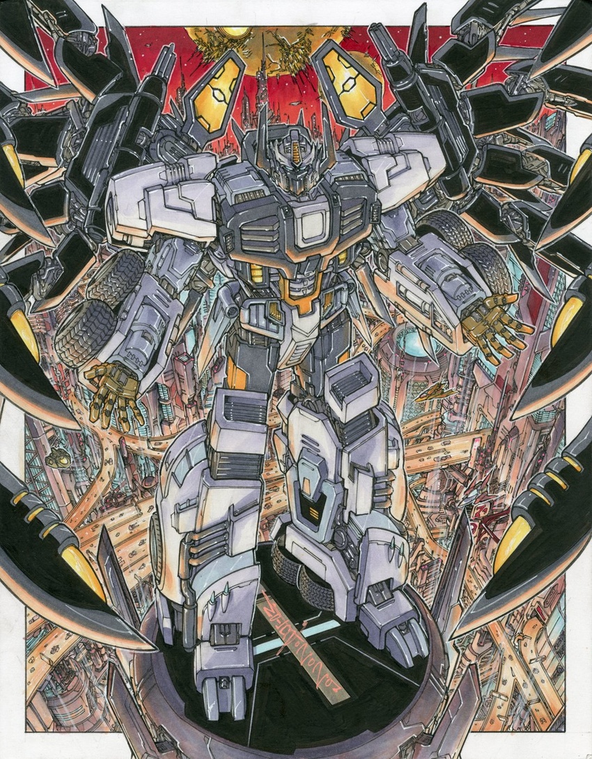 alex_milne autobot city commission cybertron english_commentary highres looking_at_viewer looking_up mecha mechanical_wings no_humans nova_prime open_hands robot science_fiction solo the_transformers_(idw) traditional_media transformers v-fin wings