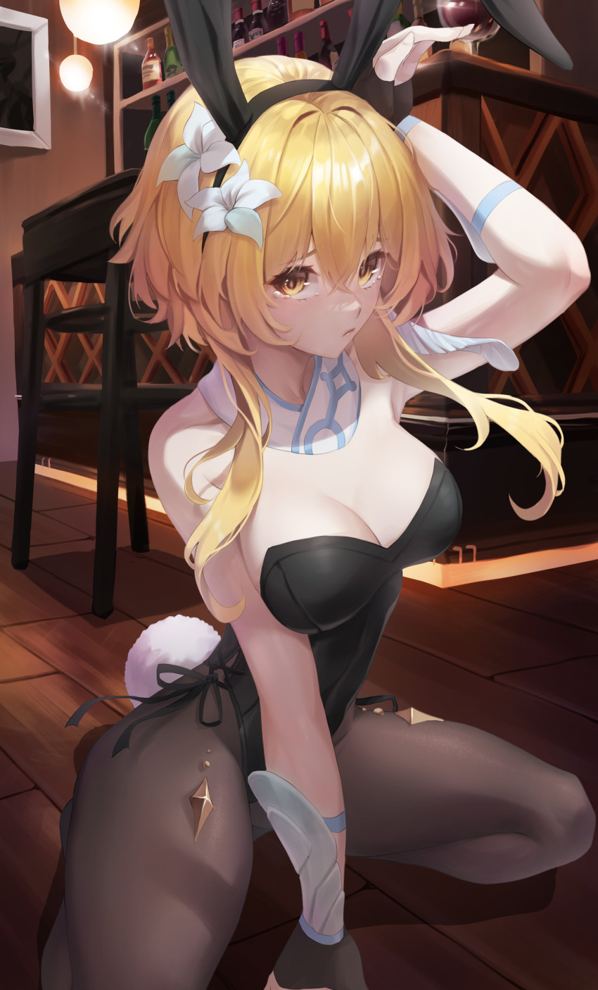 absurdres animal_ears arm_guards bare_shoulders black_dress blonde_hair breasts cleavage collarbone commentary_request counter dress fake_animal_ears fake_tail female genshin_impact hair_between_eyes hairband highres leotard long_hair looking_at_viewer lumine_(genshin_impact) netural pantyhose playboy_bunny rabbit_ears rabbit_pose rabbit_tail short_hair_with_long_locks sidelocks solo squatting strapless strapless_leotard tail yellow_eyes