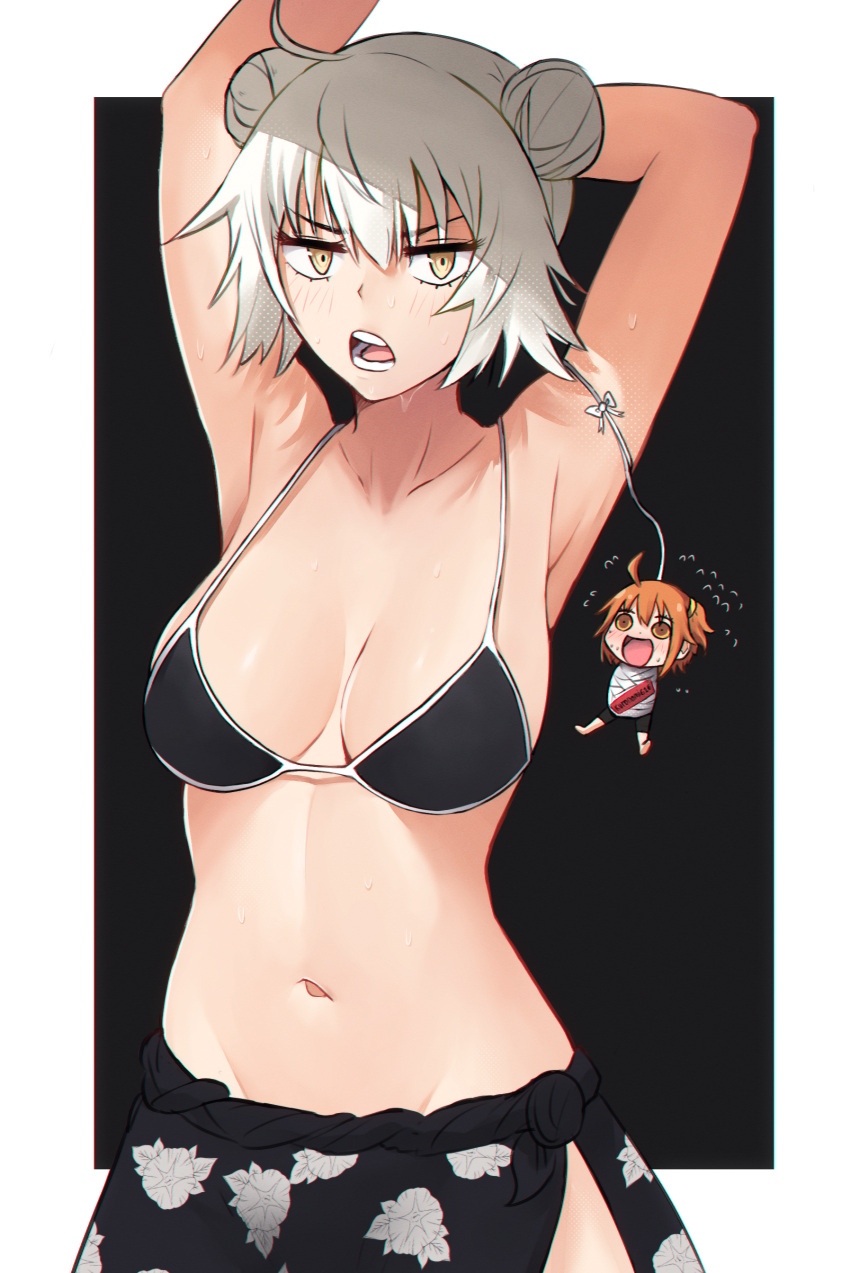 2girls absurdres ahoge alternate_costume angry armpits breasts commentary fate/grand_order fate_(series) fujimaru_ritsuka_(female) hair_bun highres jeanne_d'arc_alter_(avenger)_(fate) jeanne_d'arc_alter_(fate) kuronami616 looking_at_viewer medium_breasts multiple_girls navel open_mouth presenting_armpit riyo_(lyomsnpmp)_(style) self-upload sideboob simple_background stomach sweat swimsuit