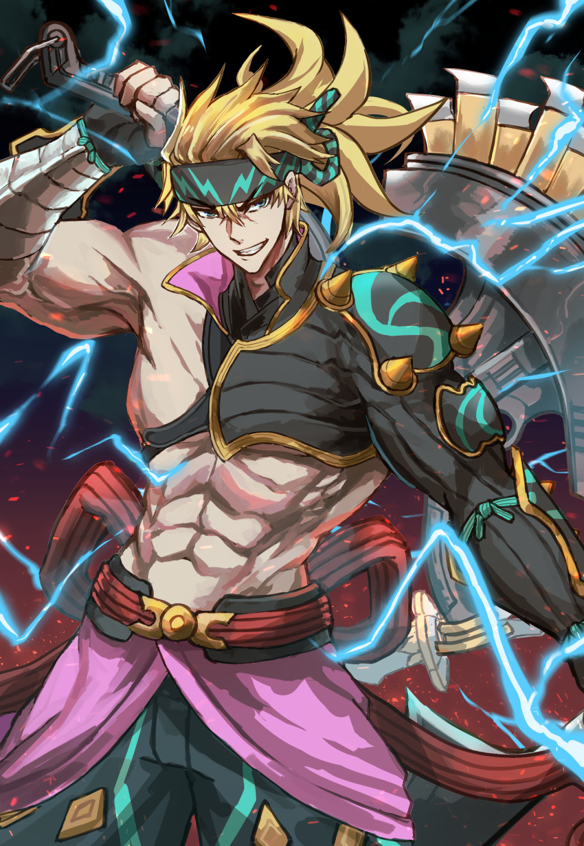 1boy abs absurdres biceps cowboy_shot fate/grand_order fate_(series) fighting_stance headband highres large_pectorals lightning_bolt_symbol looking_at_viewer male_focus muscular muscular_male official_alternate_costume over_shoulder pectorals sakata_kintoki_(fate) sakata_kintoki_(heian_warrior_attire)_(fate) single_bare_shoulder single_sleeve smile solo tsugu0302 weapon weapon_over_shoulder