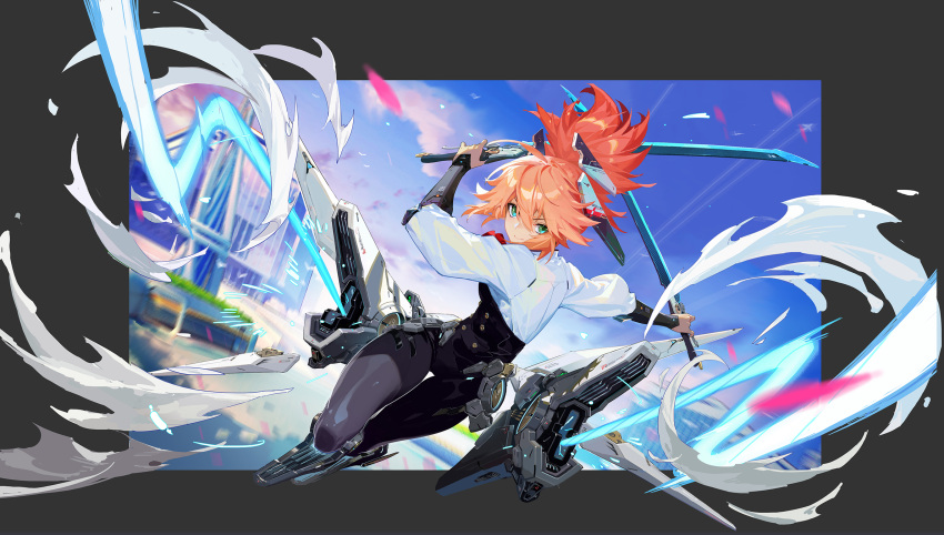 day dual_wielding fanny_(mobile_legends) female green_eyes hair_between_eyes han-0v0 headgear highres holding holding_sword holding_weapon katana long_hair looking_at_viewer mobile_legends:_bang_bang motion_blur original outdoors ponytail red_hair shirt smile solo sword weapon white_shirt wrist_guards