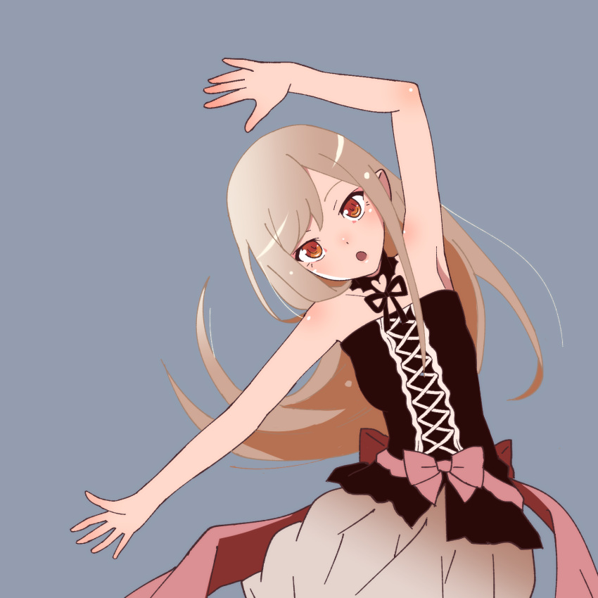 :o arm_up armpits bare_arms bare_shoulders black_bow black_bowtie black_dress blonde_hair bow bowtie brown_eyes commentary dancing dress female fooring grey_background head_tilt highres kizumonogatari lace-up long_hair looking_at_viewer monogatari_(series) open_mouth oshino_shinobu parted_bangs pink_bow pointy_ears simple_background solo strapless strapless_dress upper_body