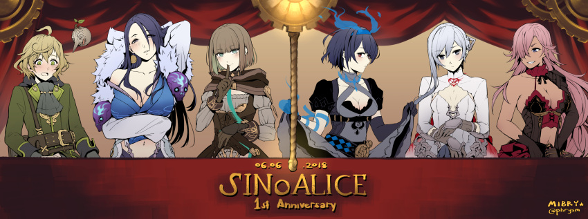 2boys 4girls alice_(sinoalice) anniversary asymmetrical_gloves black_dress black_gloves blue_dress blue_eyes blush bob_cut breasts brown_dress brown_gloves cinderella_(sinoalice) cleavage dress gloves gretel_(sinoalice) grey_gloves highres index_finger_raised kaguya_(sinoalice) long_hair looking_at_viewer mibry_(phrysm) mismatched_gloves multiple_boys multiple_girls navel open_mouth otoko_no_ko pinocchio_(sinoalice) red_curtains sinoalice snow_white_(sinoalice) white_dress white_hair