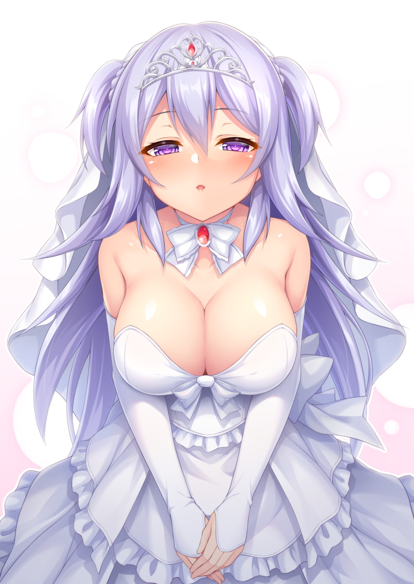 absurdres breasts cleavage detached_collar detached_sleeves dress female gakusen_toshi_asterisk hair_between_eyes highres incoming_kiss large_breasts light_purple_hair long_hair purple_eyes solo strapless strapless_dress tiara toudou_kirin two_side_up wakagi_repa wedding_dress white_dress white_sleeves