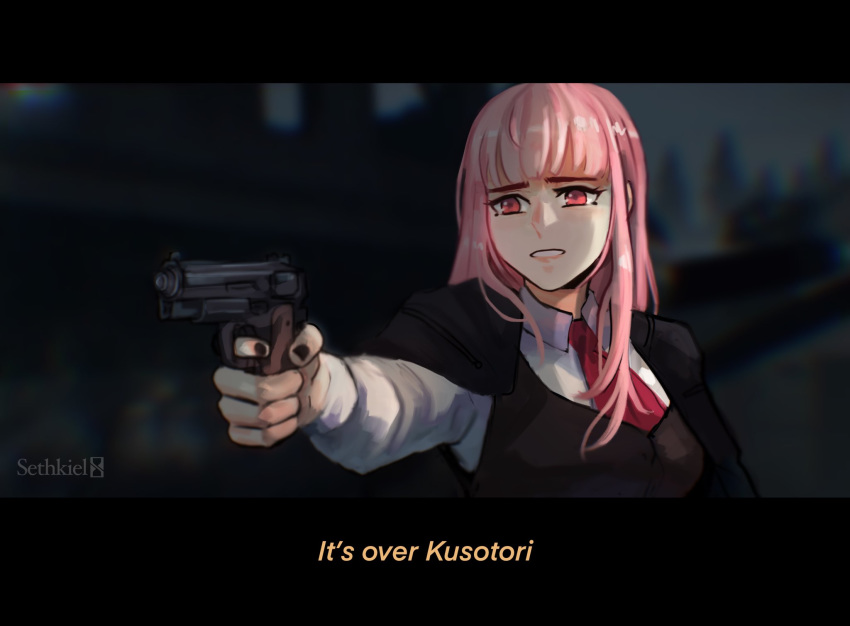 a_way_out aiming alternate_costume at_gunpoint betrayal coat derivative_work english_text female formal gun handgun highres holding holding_gun holding_weapon hololive hololive_english long_hair mori_calliope necktie pink_eyes pink_hair screenshot_redraw sethkiel shirt solo suit vest virtual_youtuber weapon