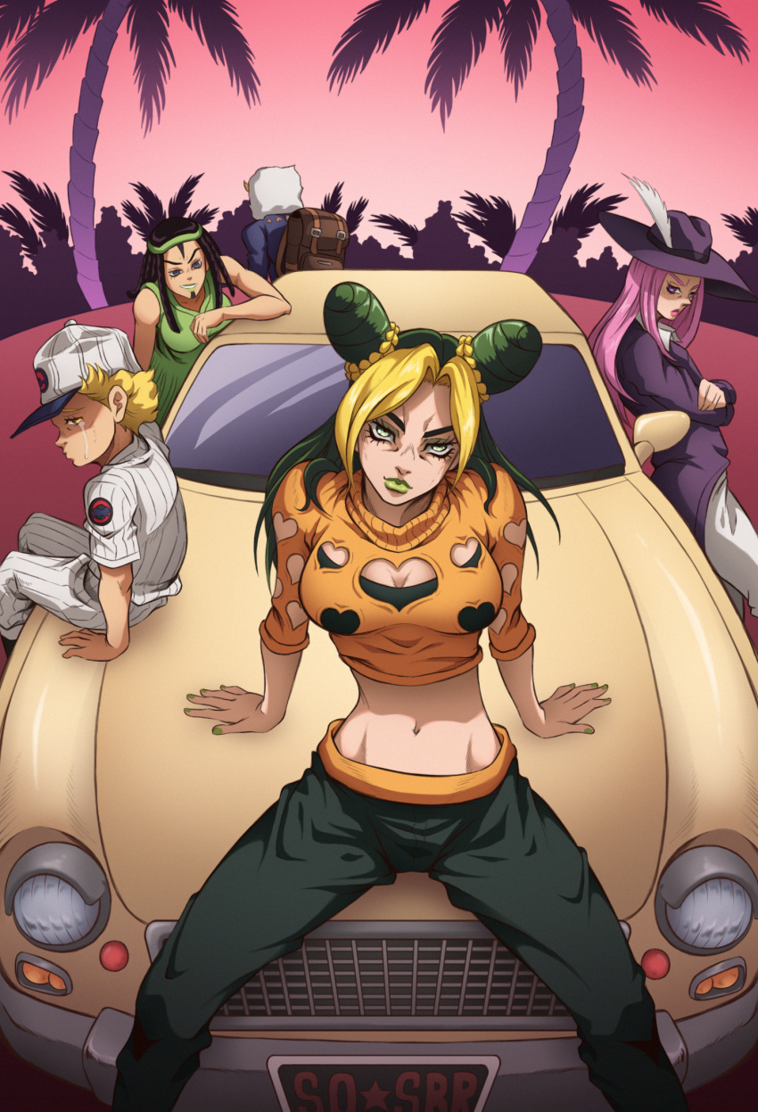 2girls 3boys anakiss backpack bag black_hair blonde_hair car cone_hair_bun crop_top crossed_arms crying double_bun dreadlocks eldis_(jojo) fisheye green_eyes green_hair green_lips hair_bun hat hat_feather headband highres irene_(jojo) jojo_no_kimyou_na_bouken kristallion kujo_jolyne looking_at_viewer midriff motor_vehicle multicolored_hair multiple_boys multiple_girls palm_tree pink_hair sitting_on_car stone_ocean tears tree two-tone_hair weather_report