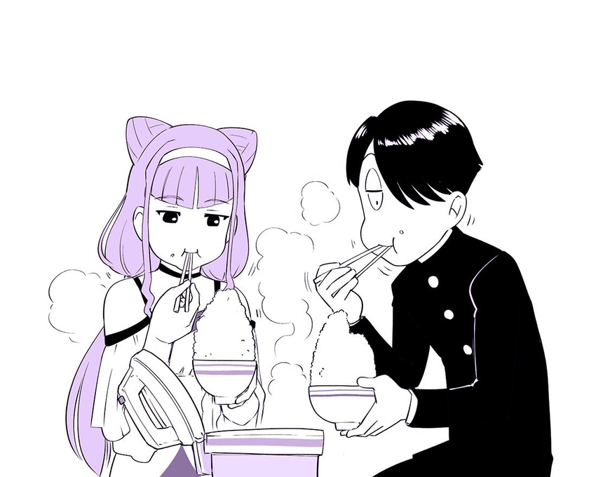 1boy android chopsticks cone_hair_bun crossover double_bun eating female hair_bun hairband hugtto!_precure kyuukyoku_choujin_r long_hair monochrome precure purple_hair r_tanaka_ichirou rice ruru_amour simple_background trait_connection twintails ueyama_michirou very_long_hair white_background