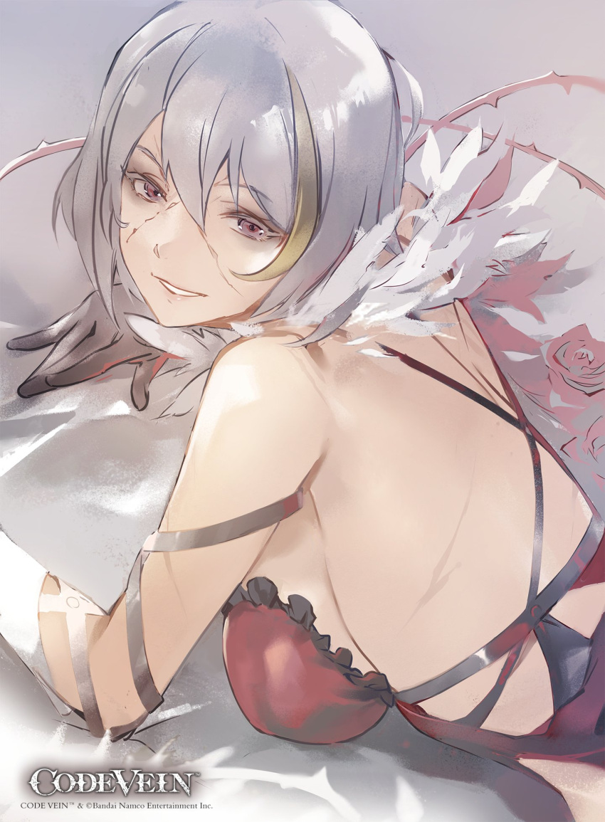 artist_request back breasts code_vein commentary_request cross_scar dress eva_roux feather_boa female gloves grey_hair highres large_breasts lying medium_hair multicolored_hair official_art on_stomach red_dress scar scar_on_arm scar_on_back scar_on_face smile solo streaked_hair