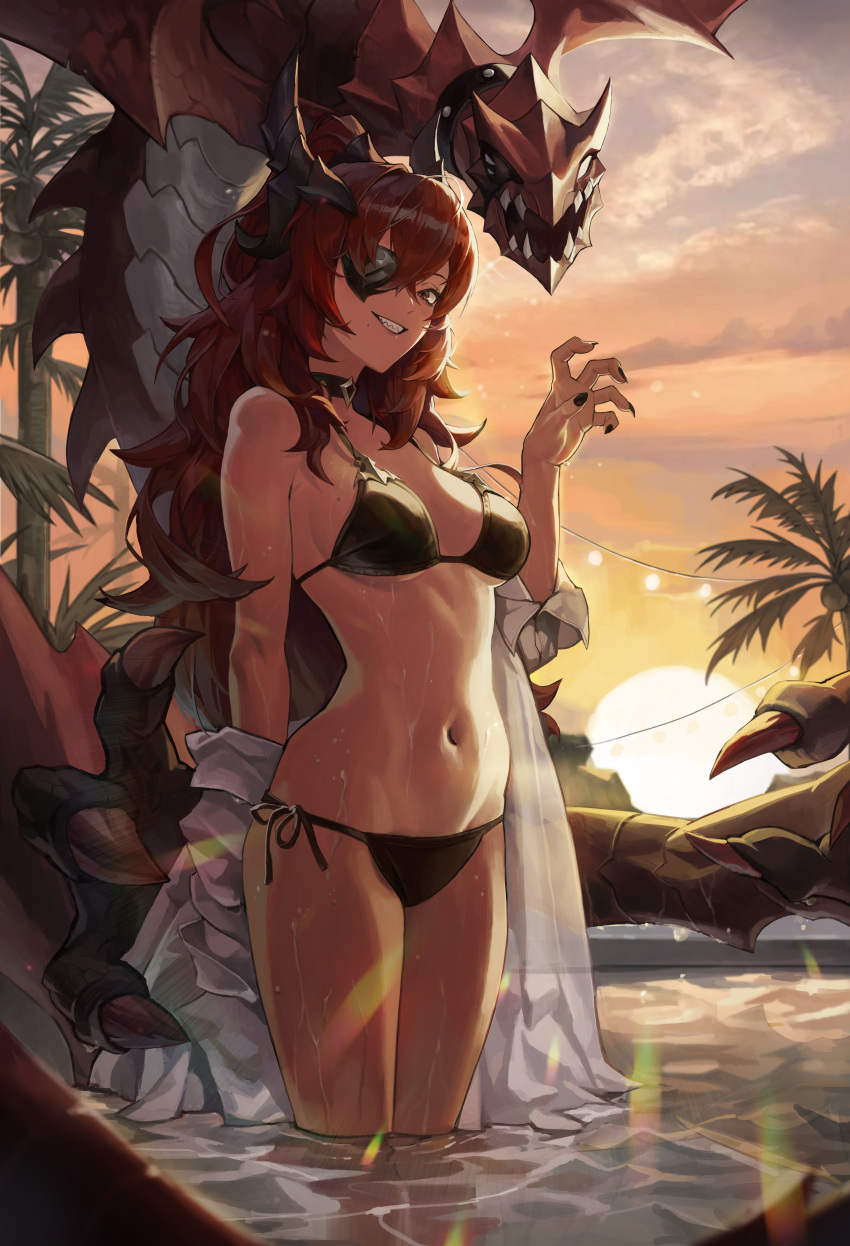 absurdres alchemy_stars alternate_costume bikini black_bikini black_nails breasts claw_pose cloud coconut_tree commentary dragon english_commentary extra_arms eyepatch female groin highres horns jacket leona_(alchemy_stars) long_hair looking_at_viewer medium_breasts mole mole_under_mouth navel outdoors palm_tree pool rare1_(gugugu_seung) red_hair sharp_teeth side-tie_bikini_bottom sidelocks sky smile string_bikini sunset sunstone_(alchemy_stars) swimsuit teeth tree wading wet white_jacket