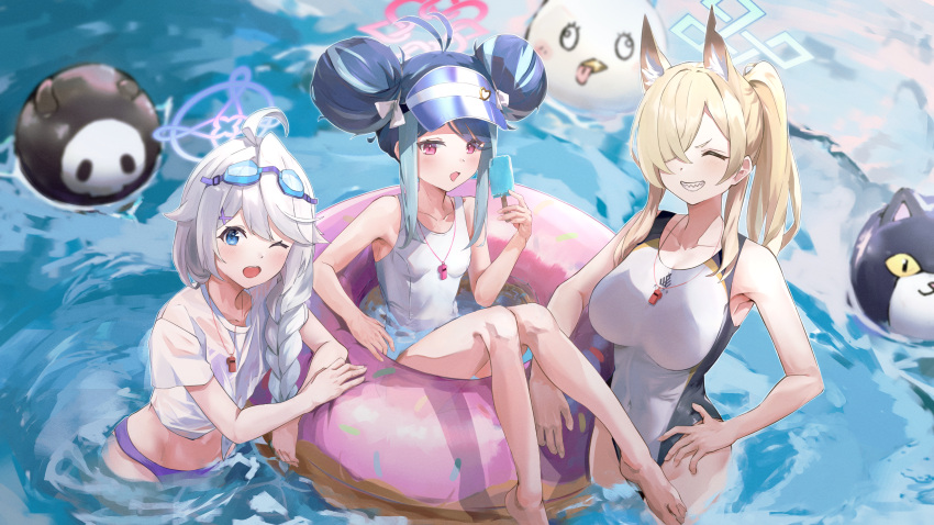 3girls absurdres animal_ears aqua_halo barefoot bikini blonde_hair blue_archive blue_eyes blue_hair blurry breasts commentary_request depth_of_field double_bun eyewear_on_head food fox_ears fubuki_(blue_archive) fubuki_(swimsuit)_(blue_archive) grey_hair grin hair_bun hair_over_one_eye halo highres hijigon holding holding_food holding_ice_cream ice_cream kanna_(blue_archive) kanna_(swimsuit)_(blue_archive) kirino_(blue_archive) kirino_(swimsuit)_(blue_archive) large_breasts long_hair low-braided_long_hair low-tied_long_hair multiple_girls official_alternate_costume on_innertube one-piece_swimsuit one_eye_closed one_eye_covered open_mouth pink_eyes ponytail purple_bikini red_halo see-through_clothes see-through_shirt sharp_teeth shirt sitting smile swimsuit teeth visor_cap wading water wet wet_clothes wet_shirt whistle whistle_around_neck white_one-piece_swimsuit