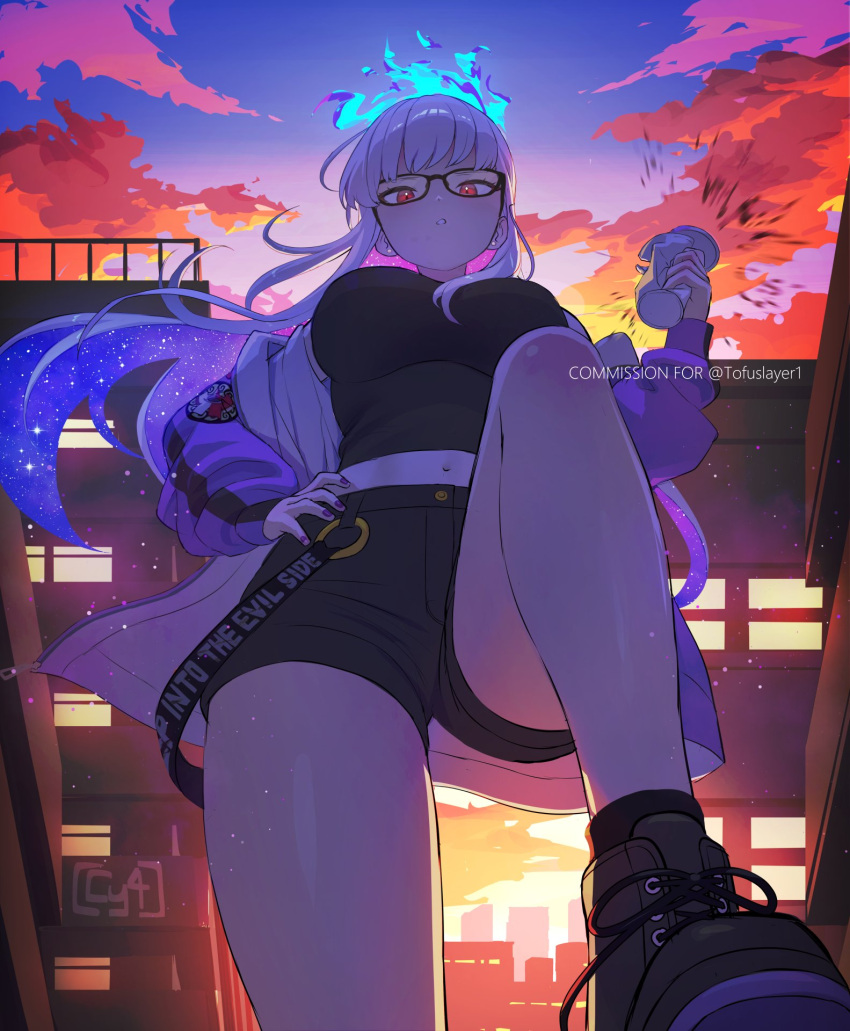 black-framed_eyewear black_footwear black_shirt black_shorts blue_fire breasts cloud colored_inner_hair commission cup disposable_cup english_text fate/grand_order fate_(series) female fingernails fire floating_hair glasses hand_on_own_hip highres holding holding_cup jacket kama_(fate) kama_(tour_outfit)_(fate) large_breasts long_hair looking_at_viewer looking_down midriff multicolored_hair navel notcy4n official_alternate_costume open_clothes open_jacket outdoors purple_hair purple_jacket purple_nails red_eyes shirt shoes shorts sky solo twitter_username two-tone_hair white_hair