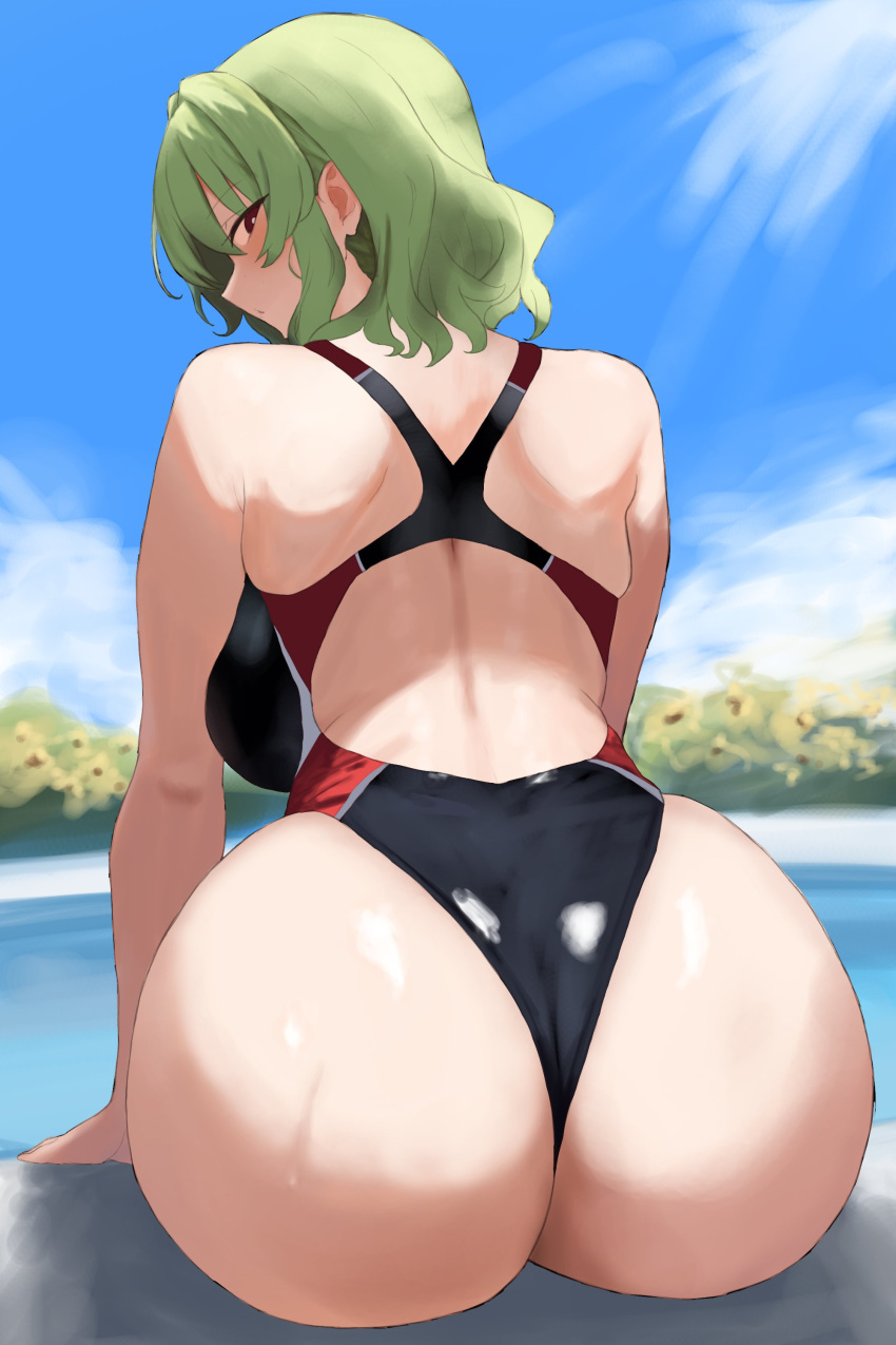 absurdres ass black_one-piece_swimsuit blue_sky breasts cloud commentary female from_behind green_hair hair_intakes highres huge_ass kazami_yuuka large_breasts looking_at_viewer looking_back moriforest1040 one-piece_swimsuit outdoors red_eyes short_hair sky solo swimsuit touhou