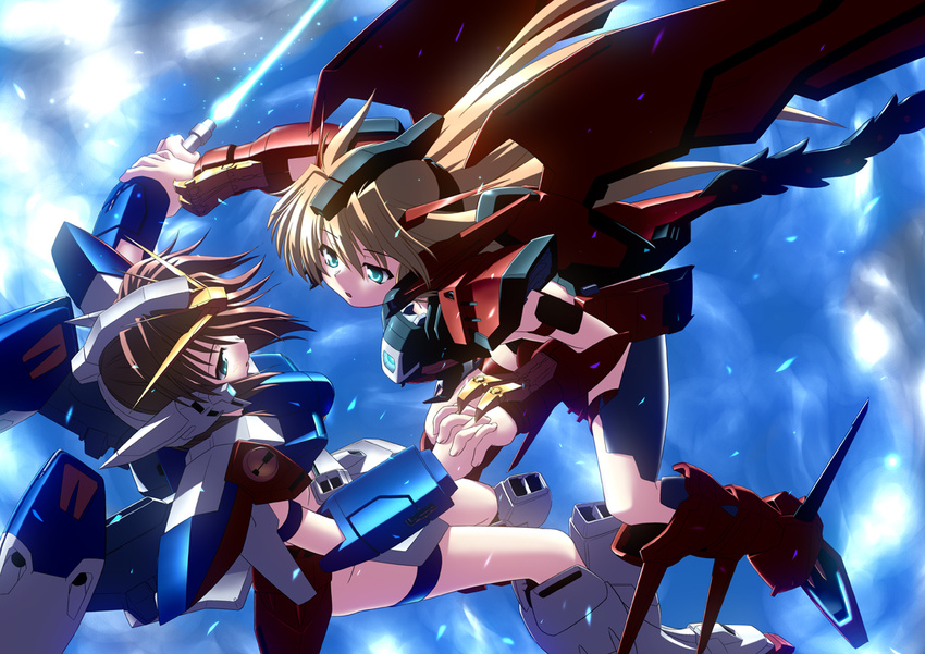 2girls blonde_hair brown_hair commentary_request energy_sword face-to-face green_eyes gundam gundam_epyon gundam_wing interlocked_fingers long_hair mecha_musume multiple_girls shinjou_satomi short_hair sword weapon wing_gundam_zero