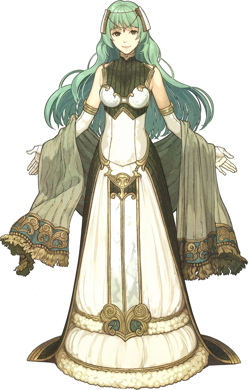 absurdres armor breastplate dress female fire_emblem fire_emblem_echoes:_shadows_of_valentia full_body fur_trim gloves green_eyes green_hair hair_ornament hidari_(left_side) highres long_hair official_art scan solo tatiana_(fire_emblem) transparent_background