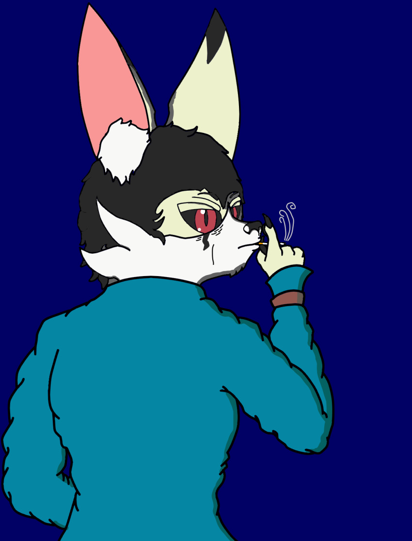 anthro black_hair black_sclera canid canine cigarette clothed clothing deta e'thrus_vos_devon fennec_fox fox hair hi_res jacket looking_back male mammal red_eyes simple_background solo supersly-mouseguy topwear true_fox