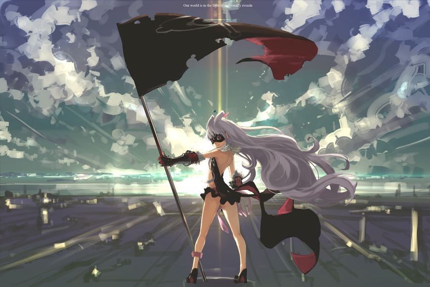 ankle_garter antenna_hair back bare_shoulders blunt_bangs cloud cloudy_sky commentary_request english_text engrish_text female flag from_behind fur_trim galaktika gauntlets gloves high_heels highres hoshimiya_kate ish kumonji_aruto long_hair lowleg lowleg_skirt mask outdoors ranguage red_eyes sekai_seifuku:_bouryaku_no_zvezda skirt sky smile solo star_(symbol) stuffed_animal stuffed_toy venera-sama very_long_hair white_hair