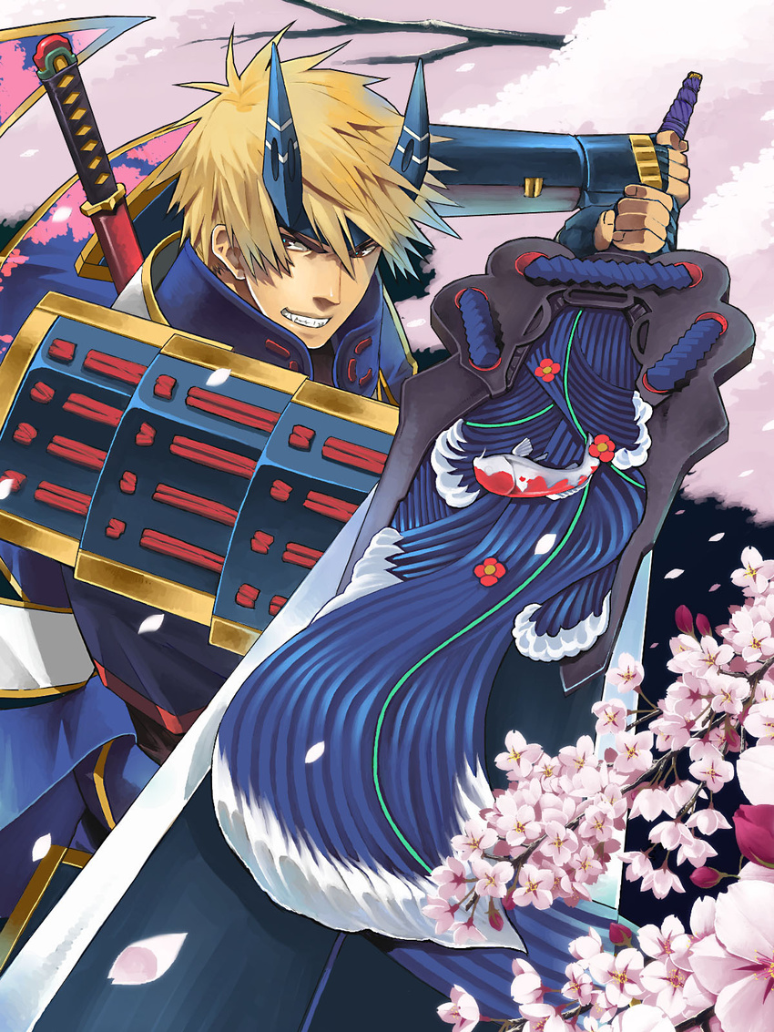 1boy armor bad_id bad_pixiv_id blonde_hair cherry_blossoms highres horns japanese_armor kaijin_no_souki male_focus onimusha onimusha:_dawn_of_dreams shoulder_armor sode solo sword tktg weapon