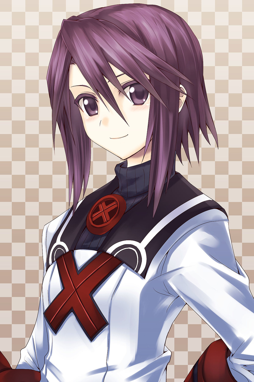 checkered_background commentary_request female hair_between_eyes highres kurokawa_(silve) long_sleeves looking_at_viewer photoshop_(medium) purple_eyes purple_hair short_hair short_hair_with_long_locks sidelocks smile solo summon_night summon_night_2 toris turtleneck upper_body