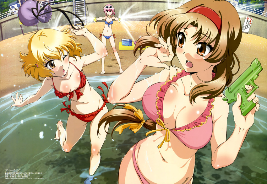 3girls absurdres barefoot beach bikini blonde_hair blush breasts brown_eyes brown_hair cleavage d-frag! dual_wielding hairband highres holding ishii_kumi kinchaku large_breasts legs long_hair medium_breasts megami_magazine mizukami_sakura multiple_girls navel non-web_source ocean official_art open_mouth pink_hair ponytail pouch scan shibasaki_roka short_hair side-tie_bikini_bottom sunglasses swimsuit takao_(d-frag!) wading water water_gun