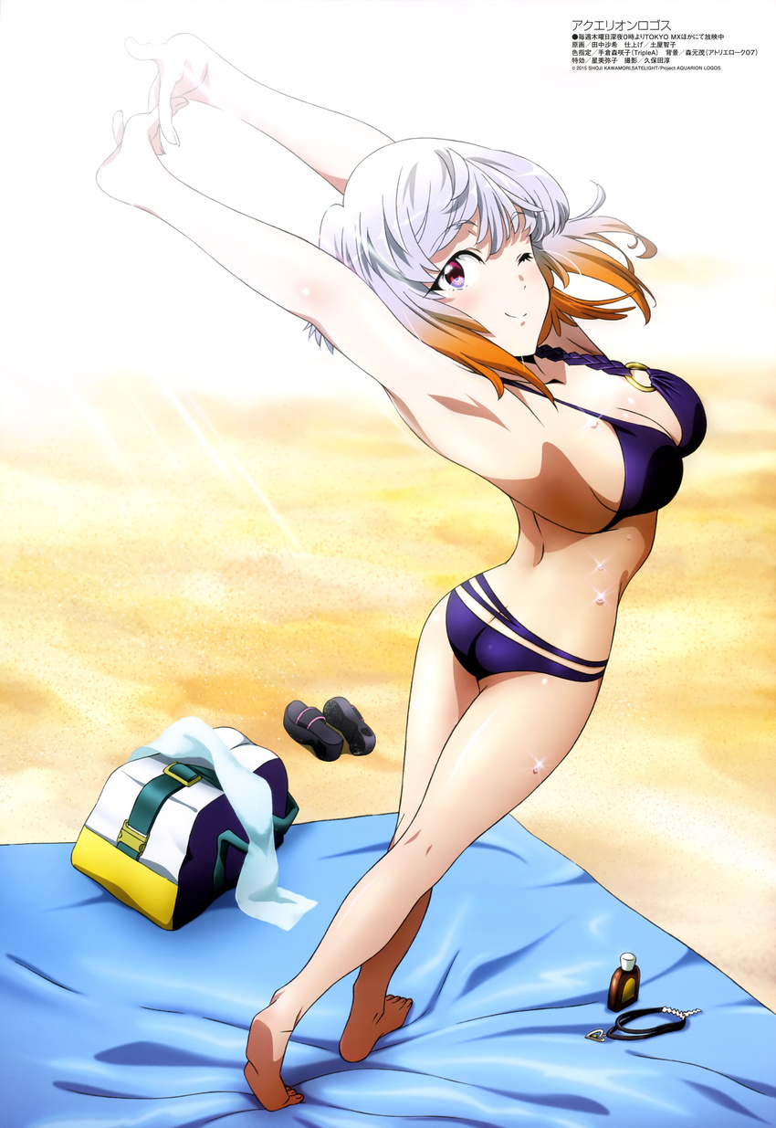 absurdres aquarion_logos arms_behind_head ass bad_proportions bag barefoot beach beach_towel bikini breasts cleavage day female gradient_hair grey_hair highres legs looking_back megami_magazine multicolored_hair non-web_source official_art one_eye_closed orange_hair outdoors quality red_eyes sand sandals scan shoes smile solo stretching swimsuit towel tsukigane_maia twisted_torso unworn_sandals unworn_shoes wet