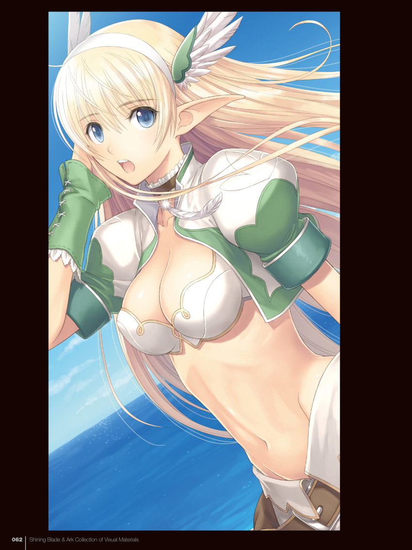 adjusting_hair belt belt_pouch blonde_hair blue_eyes blue_sky breasts choker cleavage cleavage_cutout clothing_cutout cloud cloudy_sky day dutch_angle elf elwing feathers female fingerless_gloves frilled_choker frills gloves green_gloves groin hairband head_wings highres long_hair medium_breasts midriff navel ocean official_art open_mouth outdoors page_number pointy_ears pouch puffy_short_sleeves puffy_sleeves shining_(series) shining_ark short_sleeves skirt sky solo tony_taka upper_body water wings