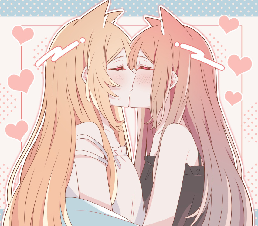 2girls animal_ears bare_arms black_camisole blonde_hair blush camisole cat_ears closed_eyes commentary from_side fuwa_aya gradient_hair heart highres kemonomimi_mode kissing kousaka_0v0 long_hair multicolored_hair multiple_girls onna_doushi_toka_arienai_desho_to_iiharu_onnanoko_wo_hyakunichikan_de_tetteiteki_ni_otosu_yuri_no_ohanashi orange_hair profile sakakibara_marika strap_slip sweatdrop symbol-only_commentary upper_body white_camisole yuri