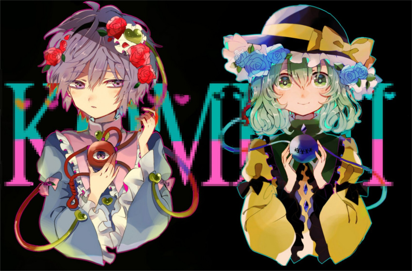 2girls ahoge black_background black_hairband black_headwear blouse blue_flower blue_rose blue_shirt blush bow buttons character_name closed_mouth commentary diamond_button flower frilled_shirt_collar frilled_sleeves frills green_eyes green_hair hair_between_eyes hair_flower hair_ornament hairband hands_up hat hat_bow heart heart_button heart_hair_ornament highres holding holding_eyeball komeiji_koishi komeiji_satori leaf long_sleeves looking_at_viewer looking_to_the_side medium_hair multiple_girls nose_blush parted_lips purple_eyes purple_hair red_flower red_rose rose satoupote shirt short_hair siblings simple_background sisters smile tareme third_eye touhou tsurime upper_body wide-eyed wide_sleeves yellow_bow yellow_shirt