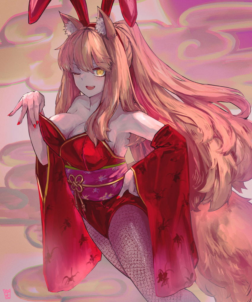 ;d absurdres alternate_costume animal_ear_fluff animal_ears bare_shoulders breasts cleavage detached_sleeves fake_animal_ears fate/grand_order fate_(series) feet_out_of_frame female fishnet_pantyhose fishnets fox_ears fox_girl fox_tail hair_between_eyes hand_on_own_hip highres large_breasts leotard long_hair nail_polish obi oerba_yun_fang one_eye_closed ootato open_mouth orange_hair pantyhose playboy_bunny rabbit_ears red_nails sash smile solo strapless strapless_leotard suzuka_gozen_(fate) tail wide_sleeves yellow_eyes