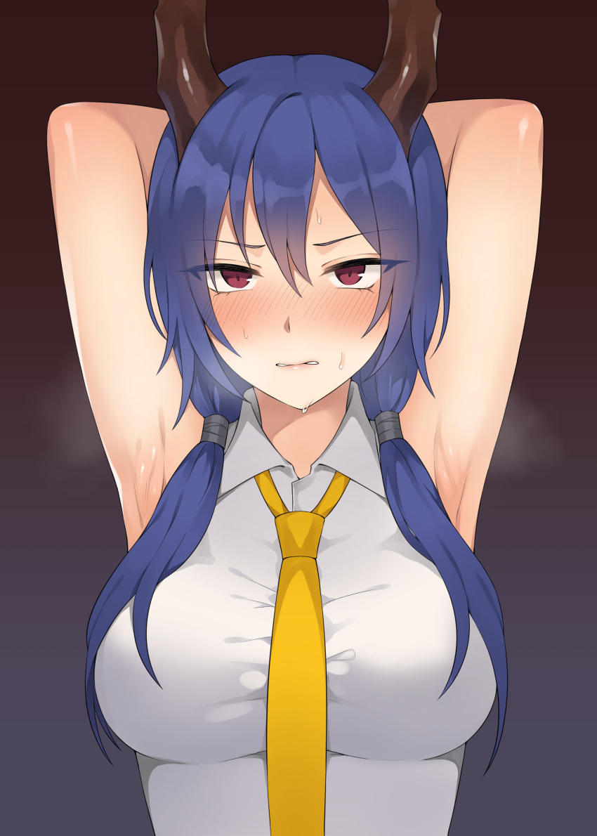 absurdres arknights armpits arms_up bad_id bad_pixiv_id blush canape_(canape0130) ch'en_(arknights) collared_shirt commentary_request dragon_horns female hair_between_eyes highres horns korean_commentary looking_at_viewer low_twintails necktie red_eyes shirt sleeveless sleeveless_shirt solo sweat twintails upper_body wavy_mouth white_shirt yellow_necktie