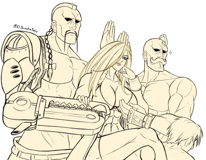 3boys abs absurdres alex_louis_armstrong aphrodite_(shuumatsu_no_valkyrie) blonde_hair blue_eyes brother_and_sister buccaneer_(fma) el_jarocho_feliz facial_hair female fullmetal_alchemist fur_trim highres holding mechanical_arms meme moustache multiple_boys muscular olivier_mira_armstrong roy_mustang servants_holding_aphrodite's_breasts_(meme) shuumatsu_no_valkyrie siblings