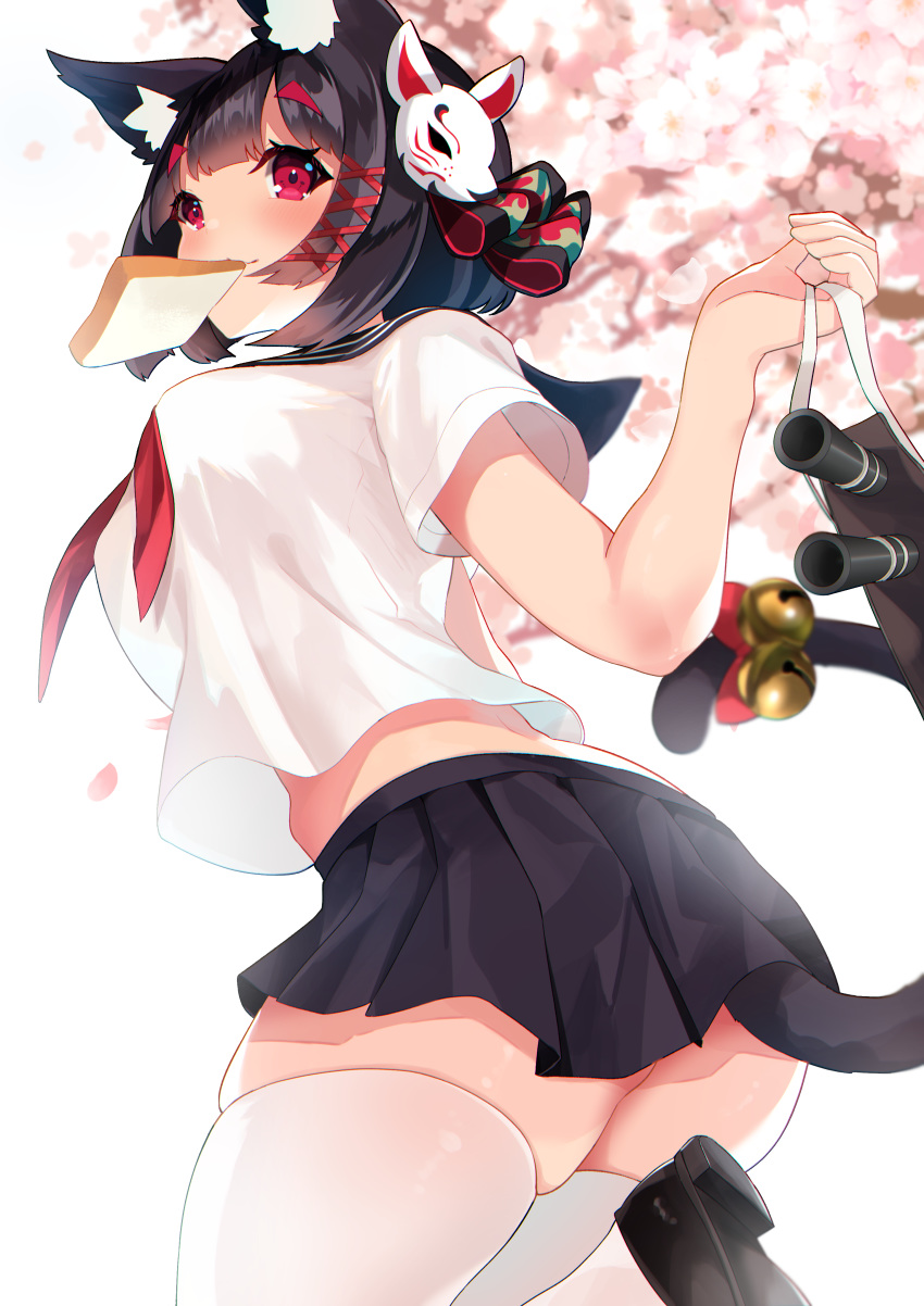 absurdres animal_ear_fluff animal_ears azur_lane bell black_footwear black_hair black_skirt blush bread breasts cat_ears cat_tail cherry_blossoms female flower food hair_ornament highres large_breasts looking_at_viewer mask mask_on_head neckerchief official_alternate_costume pink_flower pleated_skirt red_eyes red_neckerchief sailor_collar school_uniform serafuku shirt shoes short_hair short_sleeves skirt solo tail thighhighs white_shirt white_thighhighs yamaha_tsui yamashiro_(azur_lane) yamashiro_(street_corner_offensive!)_(azur_lane)