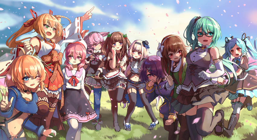 .live 6+girls black_thighhighs blonde_hair blue_eyes blue_hair brown_hair carro_pino cherry_blossoms commentary_request commission day elbow_gloves glasses gloves green_eyes green_hair highres kagura_suzu_(.live) kakyouin_chieri kiso_azuki kitakami_futaba kongou_iroha long_hair looking_at_viewer melaton mokota_mememe multiple_girls navel one_eye_closed orange_eyes orange_hair outdoors pink_eyes pink_hair purple_eyes purple_hair red_eyes short_hair side_ponytail skeb_commission smile thighhighs twintails ushimaki_riko very_long_hair virtual_youtuber white_gloves yaezawa_natori yamato_iori