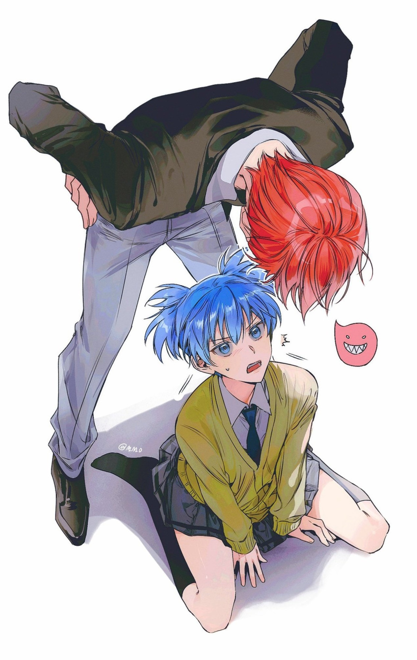 2boys akabane_karma ansatsu_kyoushitsu black_footwear black_jacket black_necktie black_socks blue_eyes blue_hair brown_vest crossdressing d: evil_grin evil_smile facing_down grin highres jacket kneehighs leaning_forward long_sleeves looking_up m_m_pb male_focus miniskirt multiple_boys necktie official_alternate_costume pants red_hair shiota_nagisa short_hair skirt smile socks teeth upper_teeth_only vest white_background