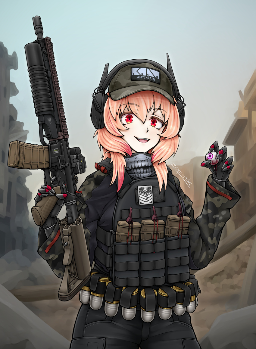 40mm_grenade absurdres alternate_costume assault_rifle baseball_cap blood bulletproof_vest commission commissioner_upload ear_protection eyeball female girls'_frontline grenade_launcher gun hat highres m203 m4_carbine m4_sopmod_ii m4_sopmod_ii_(girls'_frontline) magazine_(weapon) mechanical_arms red_eyes rifle ruins smile trigger_discipline underbarrel_grenade_launcher weapon zap-nik