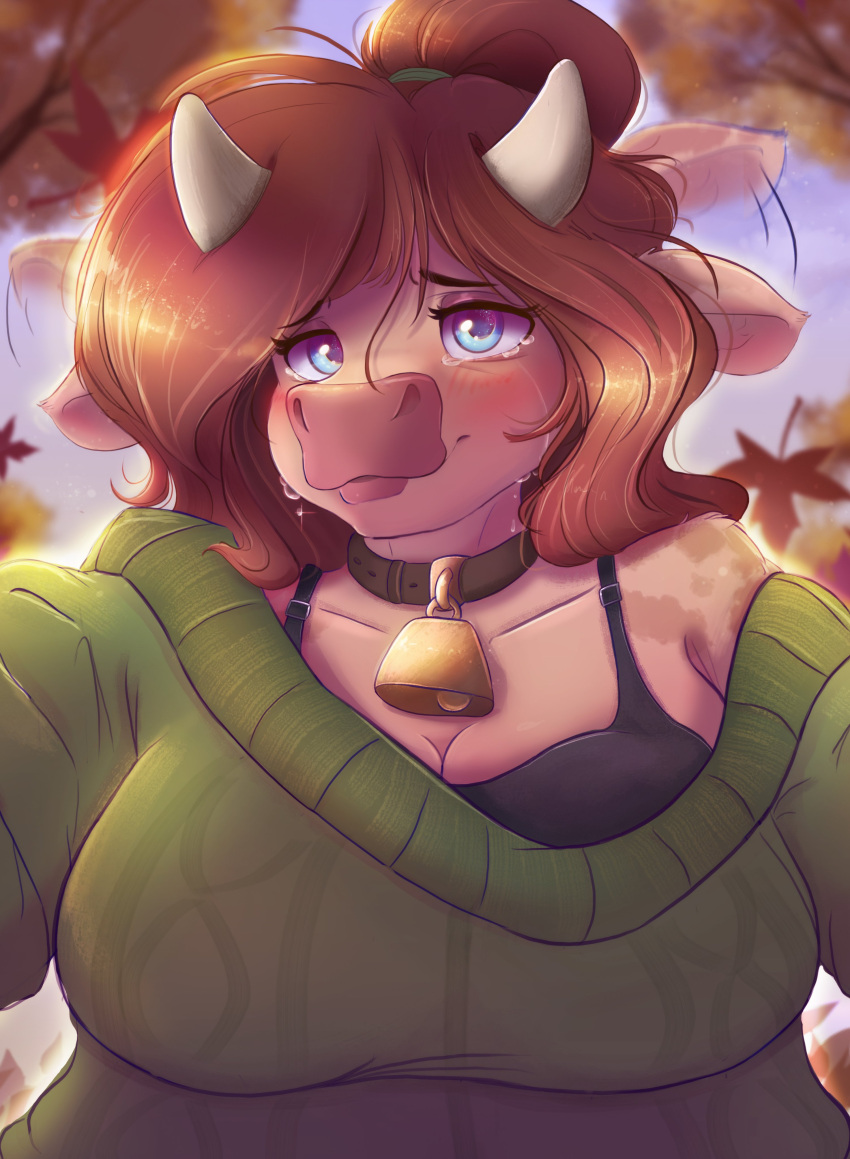 absurd_res anthro ardail autumn bell blue_eyes blush bodily_fluids bovid bovine bra breasts brown_hair cattle cleavage clothed clothing collar cowbell ear_flick falling_leaves female hair hi_res horn mammal mocha_latte solo sweater tears topwear underwear