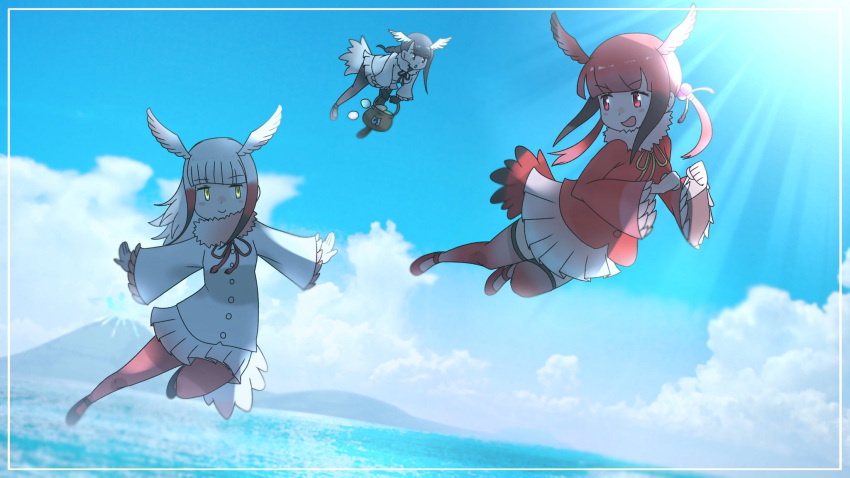 3girls animal_ears black-headed_ibis_(kemono_friends) black_eyes black_hair blue_skirt cats_yone cloud day flying gloves highres japanese_crested_ibis_(kemono_friends) kemono_friends kemono_friends_3 long_hair multiple_girls necktie outdoors red_eyes red_hair scarlet_ibis_(kemono_friends) shirt skirt smile sunlight tail water white_hair yellow_eyes