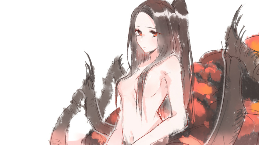 arachne arthropod_girl arthropod_limbs breasts chaos_witch_quelaag dark_souls_(series) dark_souls_i female hair_over_breasts long_hair maou_skun medium_breasts monster_girl navel pale_skin red_eyes spider_girl taur