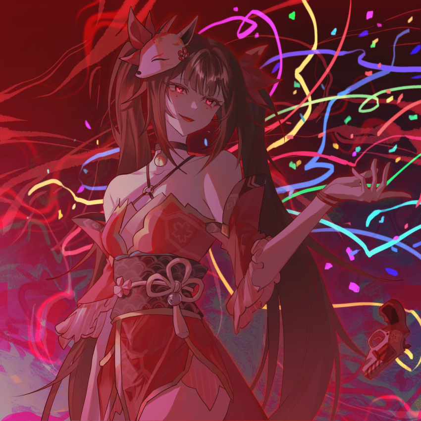 :d arm_at_side bare_shoulders bell black_choker blush bow bracelet brown_hair choker confetti cowboy_shot criss-cross_halter detached_sleeves dress female fox_mask gun hairbow halterneck hand_up hashtag-only_commentary highres honkai:_star_rail honkai_(series) jewelry looking_to_the_side mask mask_on_head neck_bell nyangji o-ring open_hand open_mouth pelvic_curtain pink_eyes red_bow red_dress red_skirt revolver short_dress short_sleeves skirt sleeveless sleeveless_dress smile snubnosed_revolver solo sparkle_(honkai:_star_rail) twintails weapon