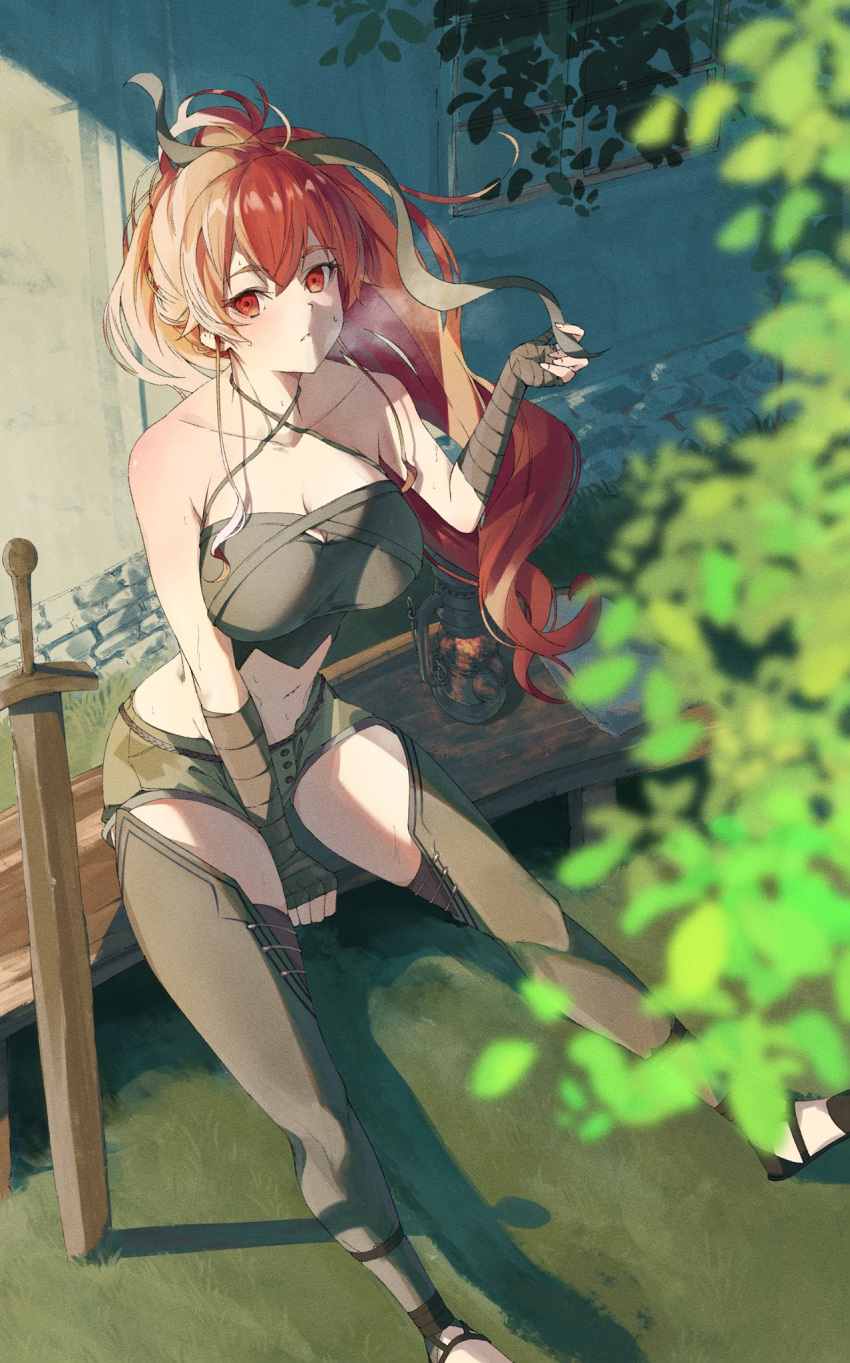 ahoge bare_shoulders blush breasts clothing_cutout eris_greyrat female hair_between_eyes highres large_breasts long_hair looking_at_viewer mushoku_tensei navel outdoors ponytail red_eyes red_hair saico_isshin sitting solo sword thigh_cutout very_long_hair weapon window wooden_sword