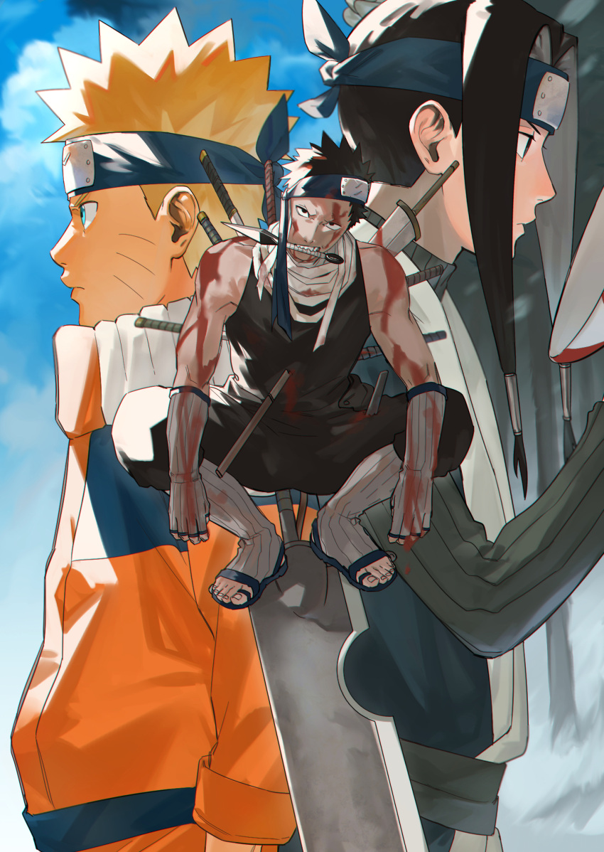 3boys back-to-back black_eyes black_hair black_jacket black_pants black_shirt blonde_hair blood blood_on_clothes blood_on_face blue_eyes blue_headband closed_mouth fingerless_gloves forehead_protector full_body gloves grey_gloves haku_(naruto) headband highres jacket jumpsuit kirigakure_symbol kunai long_hair long_sleeves looking_away male_focus mirin_(coene65) momochi_zabuza mouth_hold multiple_boys naruto naruto_(series) ninja orange_jumpsuit pants profile sandals shirt short_hair sleeveless sleeveless_shirt squatting sword upper_body uzumaki_naruto weapon weapon_on_back