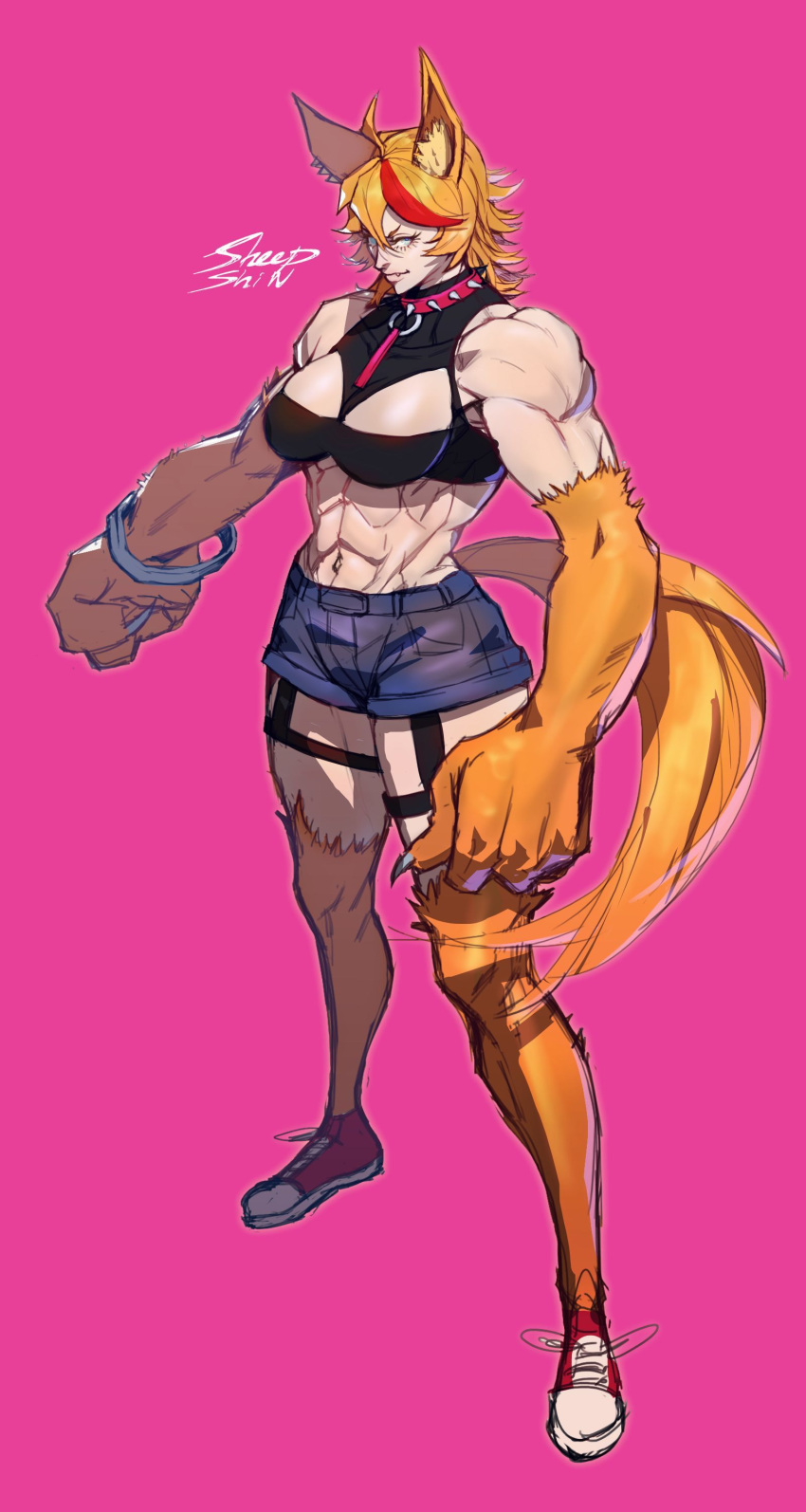 abs absurdres animal_ears blue_eyes breasts buffpup_(vtuber) collar female highres indie_virtual_youtuber large_breasts multicolored_hair muscular muscular_female oerba_yun_fang orange_hair pink_background red_hair sheep_shin shoes shorts sneakers solo spiked_collar spikes tail tank_top virtual_youtuber werewolf wolf_ears wolf_tail