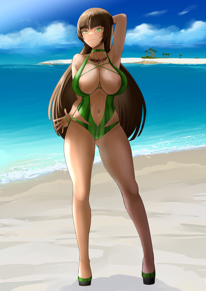 absurdres arm_behind_back arm_behind_head bare_shoulders beach blue_sky breasts brown_hair chest_tattoo closed_mouth collarbone commentary commission covered_nipples dark-skinned_female dark_skin felicia_castro female full_body green_eyes green_one-piece_swimsuit highres large_breasts legs lips long_hair looking_at_viewer navel ocean one-piece_swimsuit outdoors palm_tree pixiv_commission sand sandals sankyo_(821-scoville) sky smile solo standing stomach swimsuit tatakau_ataisuru tattoo thighs tree