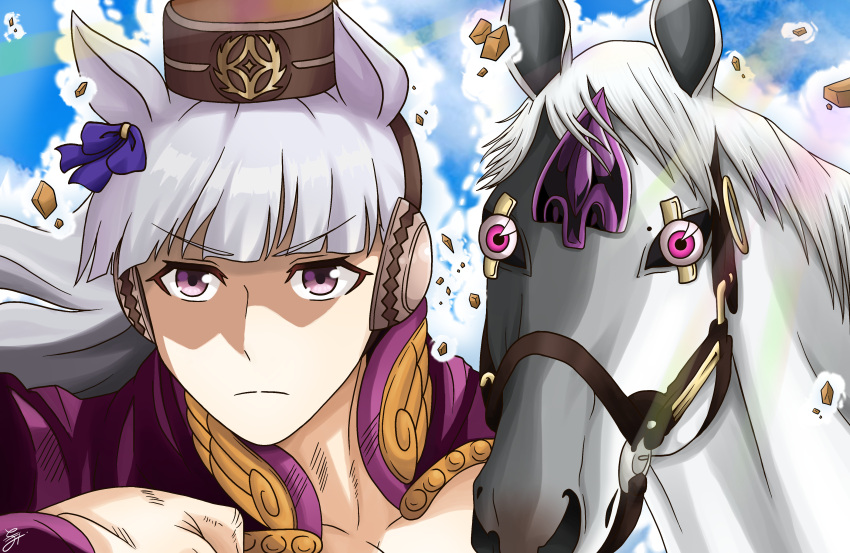 absurdres animal_ears aura blue_sky blunt_bangs bow closed_mouth cosplay debris female giorno_giovanna giorno_giovanna's_pose_(jojo) giorno_giovanna_(cosplay) gold_experience_requiem gold_ship_(racehorse) gold_ship_(umamusume) goom_(goomyparty) grey_hair hairbow hat highres horse horse_ears horse_girl jacket jojo_no_kimyou_na_bouken jojo_pose long_hair looking_at_viewer parody pillbox_hat pink_jacket purple_bow purple_eyes signature sky stand_(jojo) umamusume vento_aureo