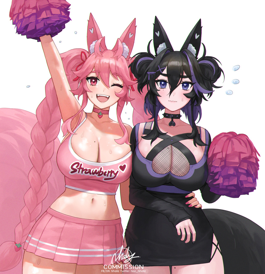 2girls :d animal_ear_fluff animal_ears arm_up black_dress black_hair braid breasts cheerleader choker cleavage closed_mouth clothes_writing commission crop_top double_bun dress flying_sweatdrops fox_ears fox_girl fox_tail hair_between_eyes hair_bun hair_ornament hairclip hand_on_another's_waist heart highres indie_virtual_youtuber kireina_(osiimi) kuroina_(osiimi) large_breasts large_tail long_hair midriff miniskirt mole mole_on_breast mole_on_thigh multicolored_hair multiple_girls navel nhaliz one_eye_closed open_mouth pink_eyes pink_hair pleated_skirt pom_pom_(cheerleading) purple_eyes purple_hair reluctant short_dress signature simple_background skirt sleeves_past_wrists smile spiked_choker spikes streaked_hair sweat tail teeth thick_eyebrows twin_braids twitter_username upper_teeth_only very_long_hair virtual_youtuber wavy_mouth white_background x_hair_ornament