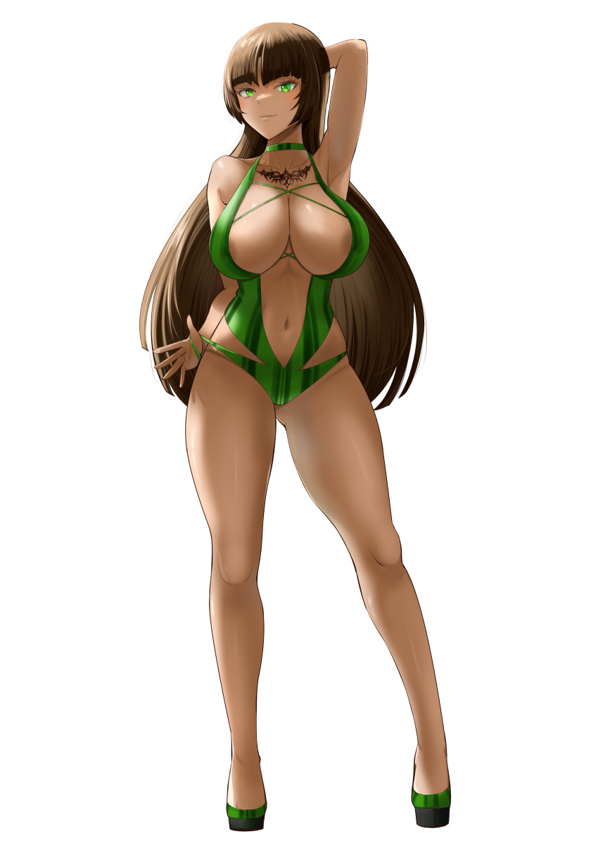 absurdres arm_behind_back arm_behind_head bare_shoulders breasts brown_hair chest_tattoo closed_mouth collarbone commentary commission covered_nipples dark-skinned_female dark_skin felicia_castro female full_body green_eyes green_one-piece_swimsuit highres large_breasts legs lips long_hair looking_at_viewer navel one-piece_swimsuit pixiv_commission sandals sankyo_(821-scoville) smile solo standing stomach swimsuit tatakau_ataisuru tattoo thighs transparent_background