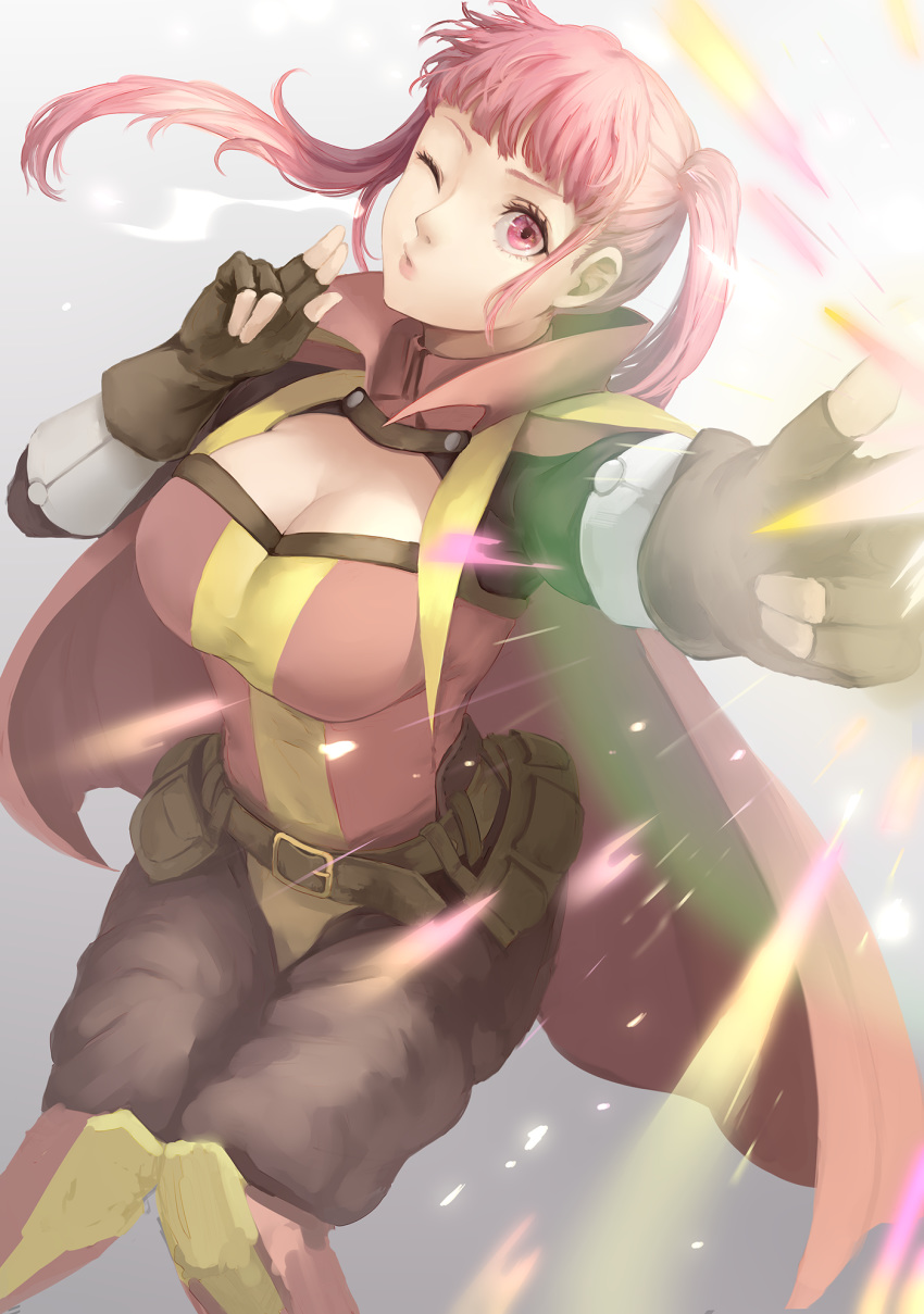 alternate_costume anna_(fire_emblem) anna_(fire_emblem)_(cosplay) belt black_gloves breasts cape cleavage commentary_request cosplay female fingerless_gloves fire_emblem fire_emblem:_three_houses gloves highres hilda_valentine_goneril houjoushi_maccha long_hair one_eye_closed parted_lips pink_eyes pink_hair solo twintails