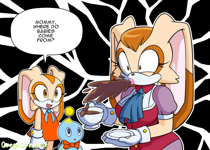 anthro beverage chao_(sonic) cheese_the_chao clothing coffee coffee_cup container cream_the_rabbit cup dialogue dress english_text female group hi_res lagomorph leporid mammal omegasunburst rabbit saucer sega shatter sonic_the_hedgehog_(series) spit-take text vanilla_the_rabbit young