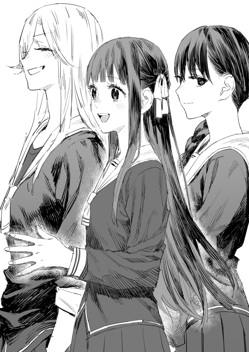 3girls blush braid closed_eyes closed_mouth fingernails fruits_basket greyscale hair_over_one_eye hair_ribbon hanajima_saki hatching_(texture) highres honda_tohru long_hair monochrome multiple_girls open_mouth own_hands_together ribbon school_uniform serafuku simple_background smile takuan_(takuanlunch) teeth tongue uniform uotani_arisa upper_teeth_only white_background