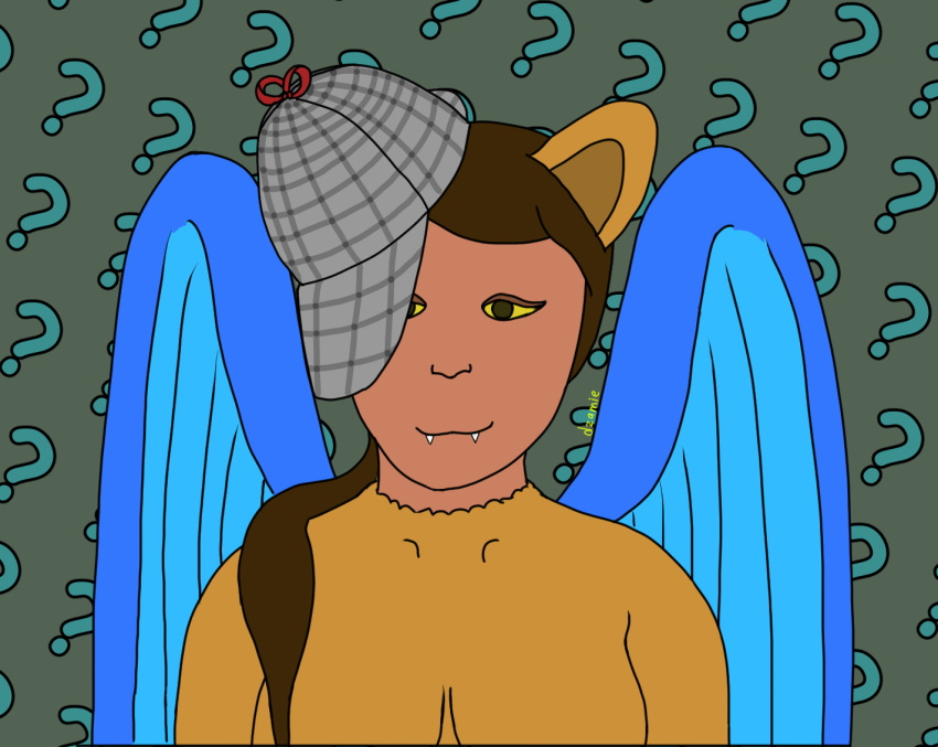 anthro clothing colored deerstalker_hat digital_media_(artwork) dzamie fangs felid female fur hat hat_only headgear headgear_only headwear headwear_only humanoid_face looking_at_viewer mammal mostly_nude mythological_creature mythological_sphinx mythology smile solo teeth wings